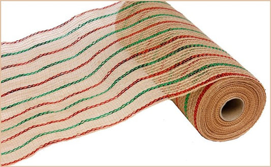 10" RED AND EMERALD METALLIC STRIPE JUTE MESH - 10 YDS