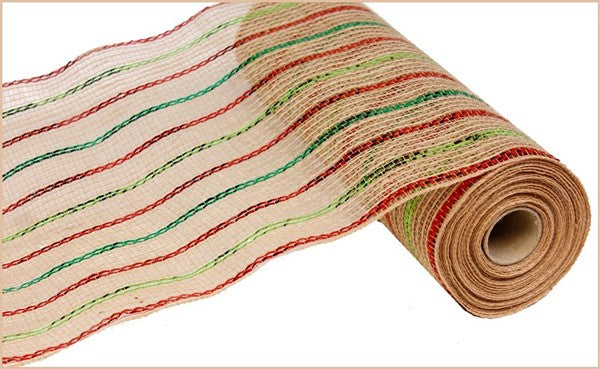 10" RED, LIME AND EMERALD METALLIC STRIPE JUTE MESH - 10 YDS