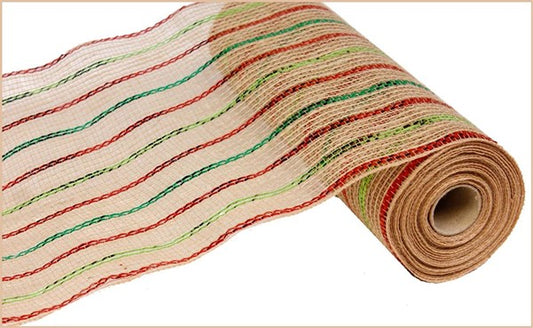 10" RED, LIME AND EMERALD METALLIC STRIPE JUTE MESH - 10 YDS