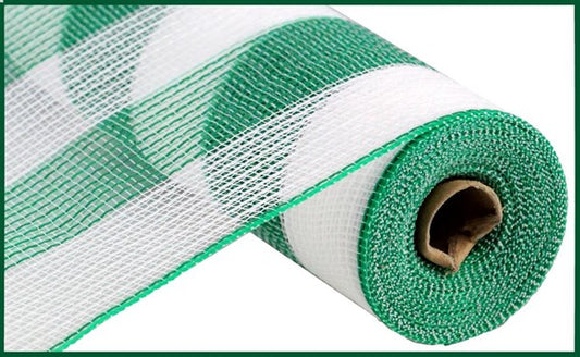 10" FAUX JUTE BOLD STRIPE EMERALD/WHITE MESH - (10YDS)