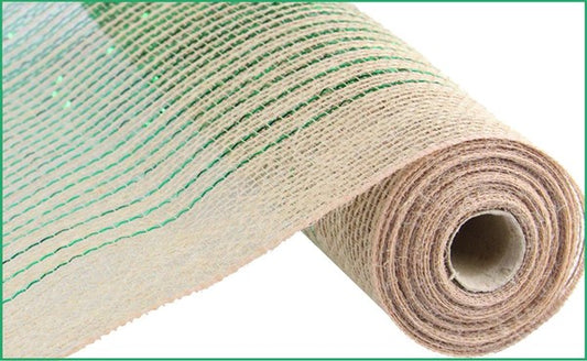 21" JUTE NATURAL AND METALLIC EMERALD UMBRE MESH -10YDS